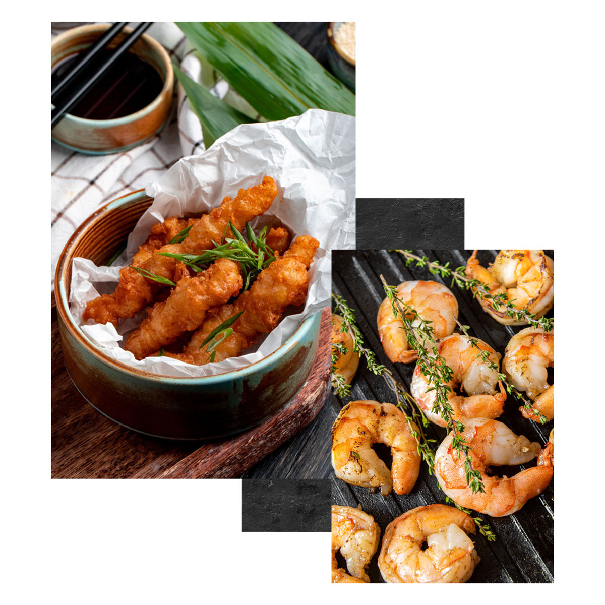 Pollo rebozado frito y gambas a la plancha